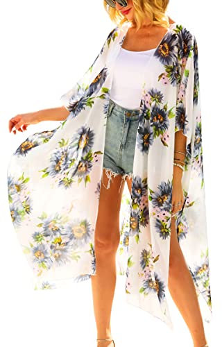 Hibluco Women's Casual Cover Ups Printed Kimono Cardigan Sheer Tops Loose Blouse - Multi - 3X-Large