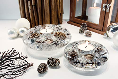 generisch Dreamlight UFO Mini Winter Story, Teelichthalter aus Glas mit Zapfen und Schneeflocken und Teelicht, Handarbeit