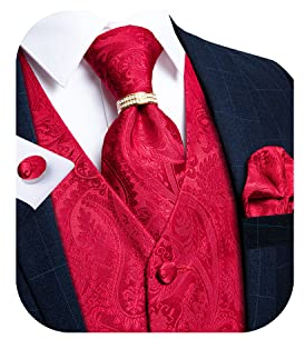 DiBanGu Herren-Anzugweste, formelle Herrenweste, Paisleymuster, Jacquard-Weste, Einstecktuch, Set mit Bindering, Hochzeit, Party, 5 Stück, Rot/Ausflug, einfarbig (Getaway Solids), XXX-Large