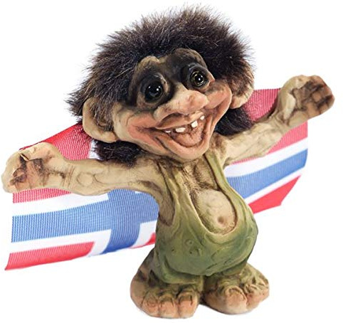 ORIGINAL NORWEGISCHE TROLLE * NyForm Troll mit Zertifikat 017 * Troll mit Hosenträgern und Flagge 12cm