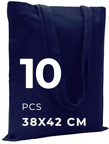 POLHIM® Tasche aus Baumwollleinen, wiederverwendbar – Tragetasche aus Baumwollgewebe, waschbar – Wäsche, Gymnastik, Laufen, Strand, Gemüse – 38 x 42 cm, mit Griffen 70 cm (Dunkelblau, 10 Stück)