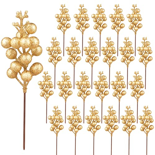 Fangoo 24 Pezzi Decorazione con bacche Oro glitterate,Artificiale bacca oro raccoglie agrifoglio bacche oro rami bacche di Natale steli per l'albero di Natale stagione delle decorazione invernale
