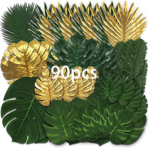 90 Stück 11 Arten künstliche Blätter Monstera-Blätter, künstliche Palmenblätter, Tropische Party-Dekorationen, Dschungel-Safari-Blätter mit künstlichem Stiel für hawaiianische Luau-Party,Dekorationen