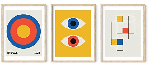 HAUS AND HUES Bauhaus Poster Art – Set mit 3 modernen abstrakten Wandkunst, Vintage-Poster und Drucke, gerahmte blau-gelbe Wandkunst, bunte Kunst (beigefarbener Rahmen, 30,5 x 40,6 cm)