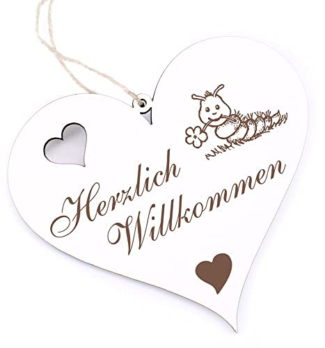 Herzlich Willkommen Schild - Raupe mit Blume - Deko Herz Holz Willkommensschild Türschild Dekoschild Türdeko