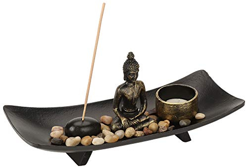 Porte-Encens de Statue de Bouddha, Kit de Table de Jardin de Bougeoirs de Bouddha de Méditation Zen avec Plateau en Bois, Statue de Bouddha, Rochers, Porte-Brûleur d'Encens