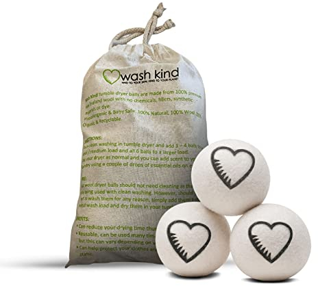 Wash Kind® Tumble Dryer Balls, Dryer Balls, Wool, Reusable, Natural Eco Laundry Balls (Bag of 6 XL Balls)