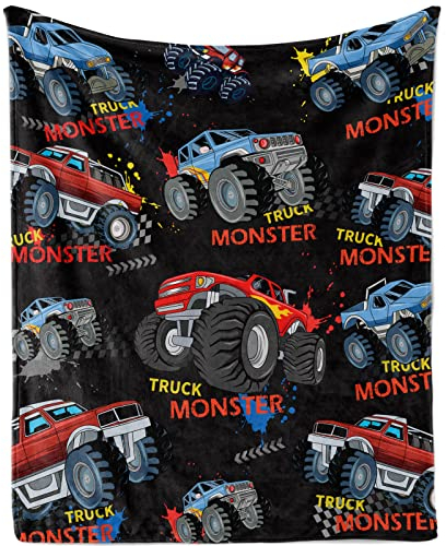 Kuscheldecke Monster Truck, Flauschig Schwarz LKW Decke für Jungen, Weich Flanell Kuscheldecke, Plüsch Fahrzeug Auto Fleecedecke Wohndecke für Jungen Jugendliche Geschenk Sofadecke Couch, 130x150cm
