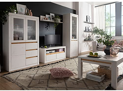 Wohnzimmer Komplett Set Massivholz TV Wand Mediawand Wohnwand Lowboard Wandboard Vitrine Highboard Couchtisch 70 x 70 cm Kiefer massiv weiß Weiss