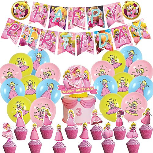 Prinzessin Peach Geburtstag Deko, Prinzessinnen Deko Kindergeburtstag, Dekoration Party Luftballons, Prinzessin Peach Ballon Geburtstagsdeko Supplies Set für Mädchen Kinder.