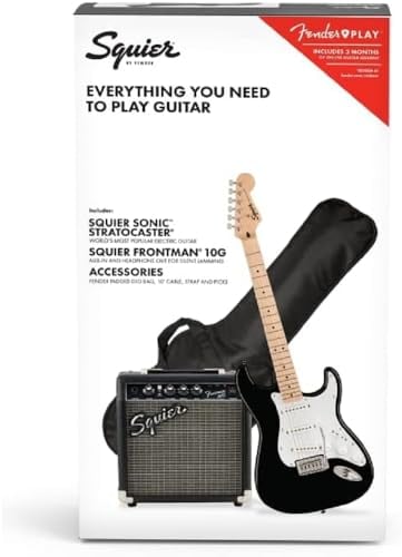 Squier by Fender Sonic Stratocaster Pack de Guitarra Eléctrica, Diapasón de Arce, Negro, Funda, Amplificador Squier Frontman 10G - 230V EU, Incluye cursos virtuales gratuitos en Fender Play