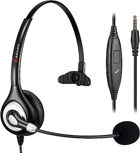 Arama 3.5mm Phone Headset with Microphone Noise Cancelling & Call Controls, Mono PC Headphone for iPhone Samsung Laptop Teams Skype Chat Call Center Office Business, Clear Chat, Ultra Comfort