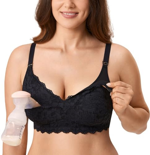 MOMANDA Women's Pumping Bra Lace Nursing Bras Maternity Breastfeeding Hands Free Breast Pump Bra Black 34F