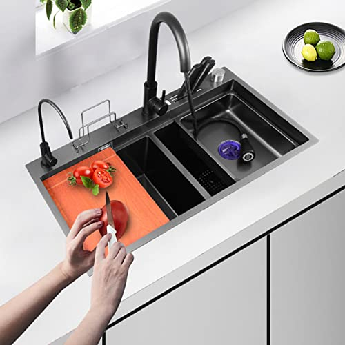 PhIree Évier de Cuisine Double Nano, Évier de Poste de Travail Pour Évier de Lave-Vaisselle Avec Robinet Rétractable, Porte-Couteau Et Évacuation Sur Le Dessus Ou Sous Le Plan/Grigio/82X46Cm