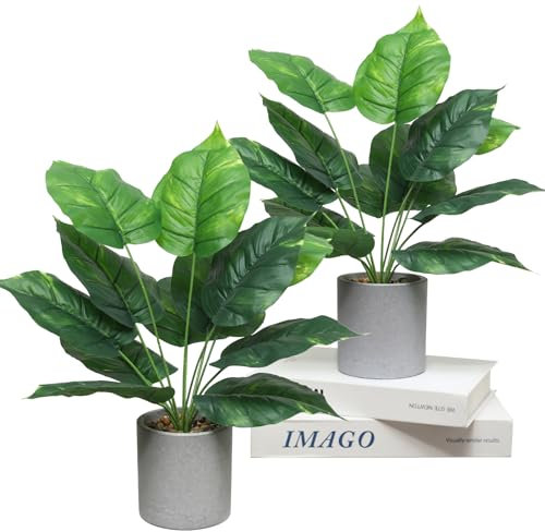 JUSTOYOU 2Pack Artificial Green Plant,16in Tall Fake Potted Plant with Pot,Faux Greenery Plant for Office Bathroom Home Desk Decoration