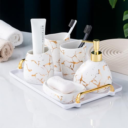 XYQXYQ Ceramics White Bathroom Accessories Set,Gold Marble Look Bathroom Decor,Modern 6 Piece Bathroom Accessory Set,Complete with Soap Dispenser,Toothbrush Holder,Tumbler,Tray Countertop