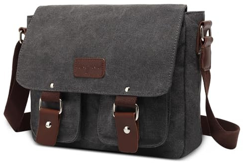 FOLOVEYA Retro Umhängetasche Herren Schultertasche Segeltuch Kuriertasche für 12.9 Zoll Tablette Canvas Messenger Bag Reise Arbeit Geschäft Multi-Tasche Aktentasche Grau