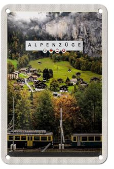 FEMER Blechschild Reise 12x18cm Alpenzüge Schweiz Bahn Tal Häuser Schild