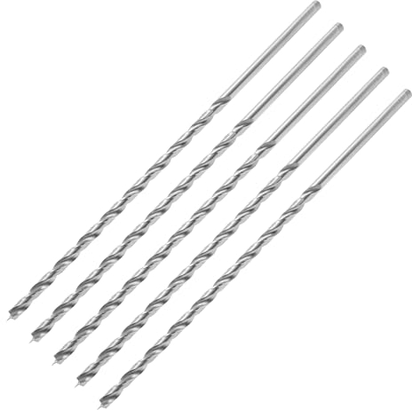 ENT 50445 Holzspiralbohrer Ø 5 mm im 5er-Pack, extra lang 200 mm, HSS-G, mit Zentrierspitze und Vorschneider, NL 135, Schaft zylindrisch