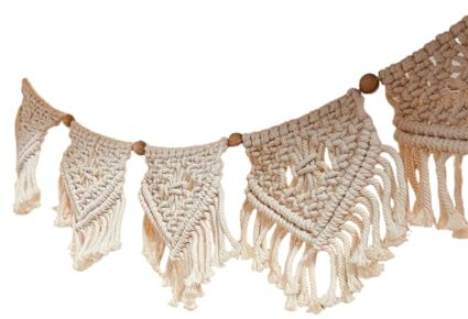 Makramee Wimpelkette Camping - Girlande - Vintage Boho Deko - für Camper WoMo - Vanlife - Hochzeit, Geschenk- Knotenliebe - Boho Wandbehang (7 Wimpel Nicht Ausgebürstet, Natur)