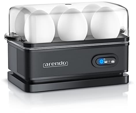 arendo – Cuiseur à œufs avec Fonction Maintien au Chaud - 1 à 6 œufs - Dur, Mollet ou à la Coque - Indicateur Lumineux - Verre doseur avec Perce-œufs - 400 W - Base Anti-dérapante – Noir