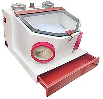 BONEW Lab Sandblaster Double Pen Fine Sand Blasting Machine Large View Window Sandblaster Unit with Lamp and Drawer (Metal Cups)
