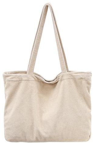 ONCCI Unisex Schultertasche Damen Tote Bag, Cordtasche Groß Umhängetasche Shopper Handtasche Casual Crossbody Bag für Schule Uni Büro Arbeit Reisen Ausflug Einkauf (BEIGE)