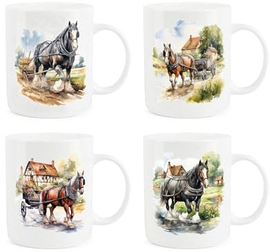 Purely Home Shire Horses Mugs Set - Painted Watercolour Vintage Countryside Decor Gift Set - White Tea Coffee Drinks Bone China Mug Present Pack of 4