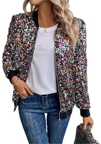 WLLDDDIU Bolero Jacke Damen, Glitzernde Jacken für Damen, Langärmelig, Bunt, Glänzend, Glitzer, Bomberjacke, Kurzer Reißverschlussmantel (DE/NL/SE/PL, Alphanumerisch, L, Regular, Regular, Mehrfarbig)
