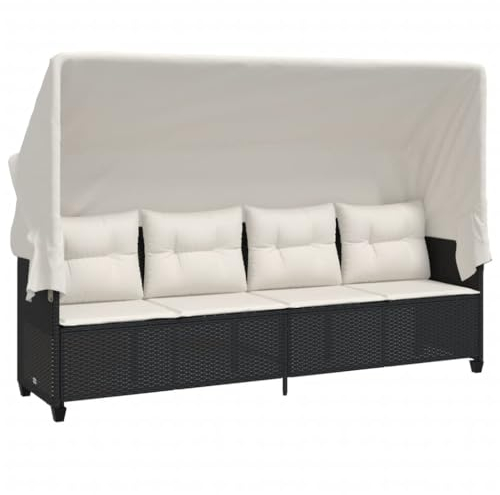 Makastle 4-Sitzer Sofa mit Dach und Kissen, Garten Schlafsofa Gartenliege Outdoor Sofa Couch Liege Sonnenliege Terrassenliege, Schwarz Poly Rattan