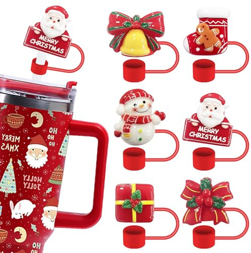6Pcs Christmas Straw Covers Cap for Stanley Cup, 10mm Straw Topper for Stanley Tumblers Accessories, Reusable Straw Cap Stopper for Straws Tip Lids