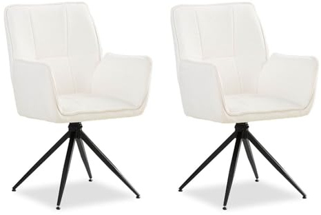 Homestyle4u 2er Set Polsterstühle Weiß - Chenille Esszimmerstühle Drehbar | Bequeme Küchenstühle mit Armlehne und Metallfüßen, Sitzhöhe 48,5 cm, Ergonomische Design Drehstühle für den Esstisch