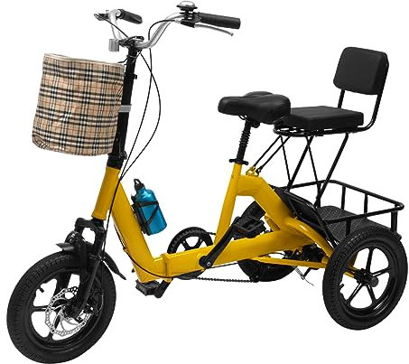 TESUGN 14 Zoll Dreirad für Erwachsene, 3 Räder Fahrrad mit Einkaufskorb und Rückenlehne, Faltbares Dreirad Premium-Fahrrad, SitzhöHe Verstellbar, 3-Rad Fahrrad Citybike-Dreirad, Gelb
