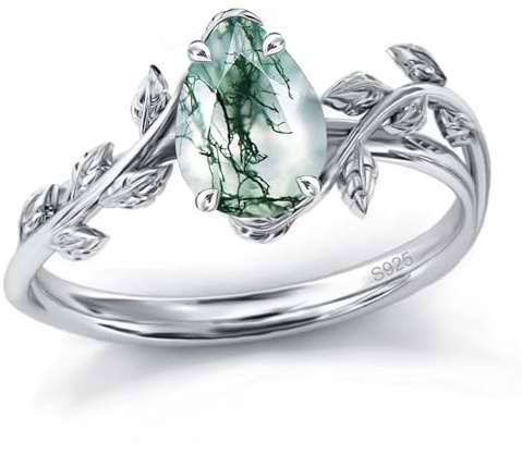 FANZNSM Natürlicher Moosachat-Ring for Frauen, Sterlingsilber, Birnengrüner Moosachat-Verlobungsring, Schmuck for Frauen(7)