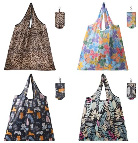 JSTHHTT 4 Stück Große Faltbare Tasch, Einkaufstasche, Leichte Handtasche, Stoffbeutel, Einkaufsbeutel, für Einkauf Reise Ausflug (Mehrfarbig)