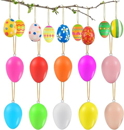 36x Ostereier zum Aufhängen, Kunststoff Bunte Eier, Osterdeko in kräftigen Pastellfarben, Deko Ostereier, Größe: 6 cm