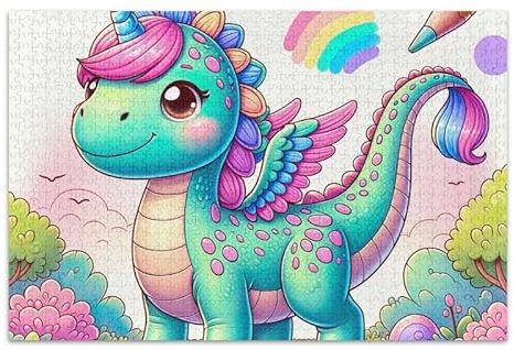 1000 Pieces Jigsaw Puzzle Cute Dinosaur Unicorn DIY Gift Jigsaw Puzzles with Mesh Storage Bag for Adults, Families