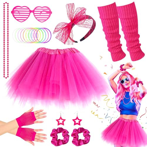 Vibbang 80s Fancy Dress for Women, 1980s Party Rainbow Costume Accessories Set, Pink Tutu Leg Warmers Fishnet Gloves Glasses Lace Bow Headband, Retro Theme Party Cosplay Costumes for Adults Women