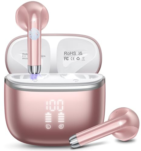 HOIFA Bluetooth Kopfhörer, Kopfhörer Kabellos Bluetooth 5.4 In Ear Kopfhörer mit 4 ENC Noise Cancelling Mic, 40H Spielzeit mit LED, IP7 Wasserdicht in Ear Ohrhörer für Arbeit/Studium/Freizeit Rosé