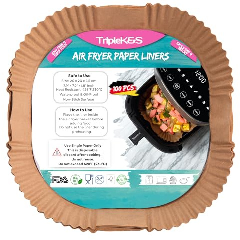 TRIPLE K&S Airfryer - Carta da forno per friggitrice ad aria calda, 100 pezzi, 4,5 l – 8 l, 20 – 20 cm, compatibile con COSORI, Philips, Midea, Cecotec, Russell Hobbs XL XXL (100 pezzi, 4,5 L-8 L)