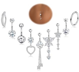 YADOCA 9Pcs 14G Bauchnabelpiercing Chirurgenstahl Silber/Gold Piercing Bauchnabel CZ Clicker Lang Bauchnabelpiercing Ring