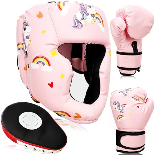 Ensemble d'équipement de boxe 3 en 1 pour enfants comprenant des gants de boxe, un casque réglable et des gants de frappe pour enfants Kickboxing Thaï entraînement