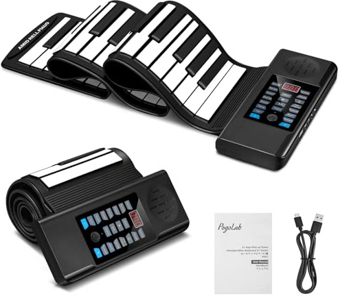 POGOLAB 61-Tasten-Rollklavier, tragbares Handrollklavier mit 15 Demos/128 Tönen/128 Rhythmen/Lautsprecher/MIDI-Ausgang, wiederaufladbares, faltbares Rollklavier für Anfänger