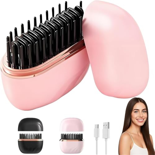 Mini plancha de pelo Glambrush, 2 en 1, inalámbrica, con peine y control de temperatura de 3 velocidades, carcasa antiescaldaduras, plancha eléctrica tipo C (Pink)