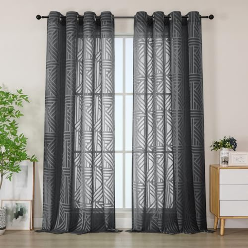 Simplebrand Balkontür Gardinen mit Ösen 2er Set, Halbtransparent Geometrisches Ausbrenner Muster Vorhang für Wohnzimmer Terrassentür, Lichtdurchlässig & Sichtschutz, 140x229 cm Grau