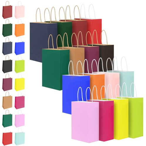 OFFCUP KraftPapiertüten Geschenktüten Kindergeburtstag DIY Gift Bags | 32 Stück Klein Papiertüten mit robust Henkel Wiederverwendbar Geschenktaschen für Hochzeit Party（21x15x8cm）
