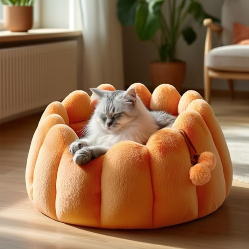 PETNOVO Rundes Katzenbett 50x50x30 cm, Flauschiges Donut-Bett aus Kaninchenfell-Optik, waschbares Kissen mit Rutschfester Unterseite für Katzen und kleine Hunde, orange