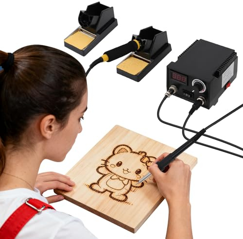 Pyrographie Maschine mit 2 Stifte und LED-Anzeige, 80W Holzverbrennungs mit 21 Pyrography Drahtspitzen, 0-750℃ Einstellbare Temperatur Brandmalerei Lötkolben Set für Holz Leder Kürbisse