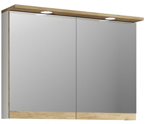 VCM Badspiegelschrank mit Beleuchtung und Steckdose – Spiegelschrank Bad mit 2 Türen und 2 Fächern – Badezimmerschrank hängend – H. 59 x B. 80 x T. 23 cm, Cosila