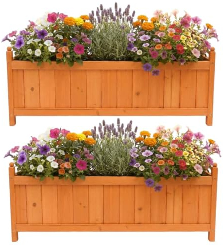 LOVETRENDS Long Wooden Garden Planter - Pack of 2-90cm Rectangular Trough, Generous 35cm Depth, Outdoor Flower, Herb and Vegetable Box for Patio, Balcony and Decking, Natural Timber